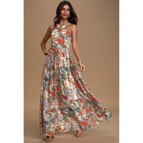 Lulus Lilja Cream Floral Print Maxi Dress Size L - Picture 1 of 16